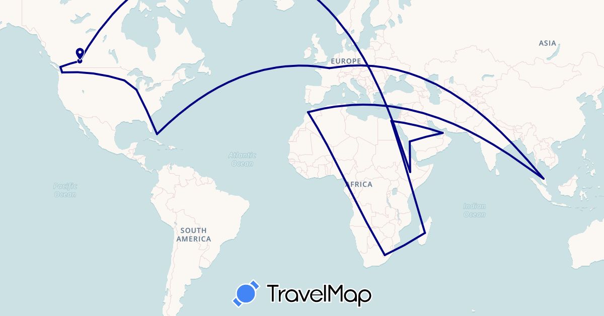 TravelMap itinerary: driving in United Arab Emirates, Bahamas, Canada, Egypt, Ethiopia, France, Lesotho, Morocco, Madagascar, Malaysia, Saudi Arabia, United States (Africa, Asia, Europe, North America)